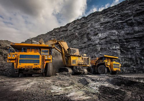Coal production at one of the open fields in the south of Siberia. Dumpers "BelAZ". September 2015.